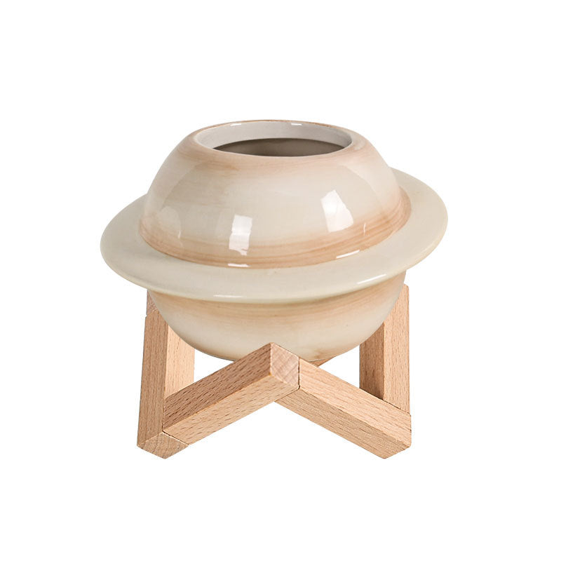 Nordic Planet Ceramic Flower Pot – Creative Self-Watering Planter with Wooden Stand