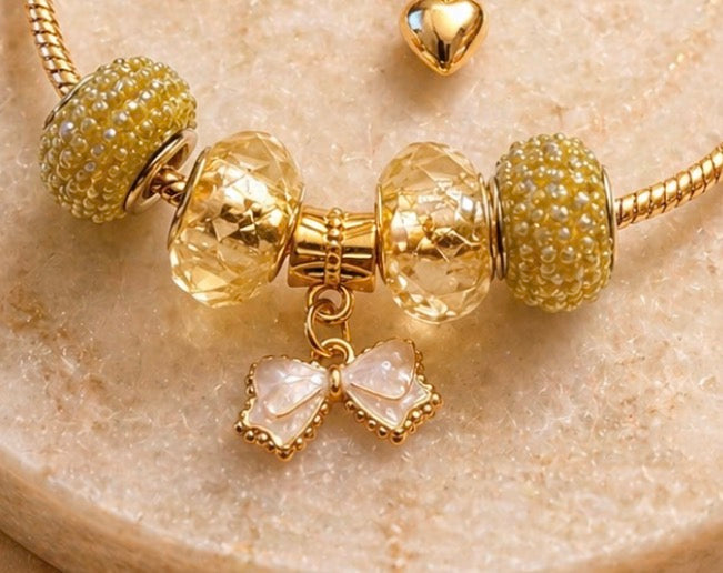 Gold Charm Bracelet – Snake Chain with Beads- Green & Yellow