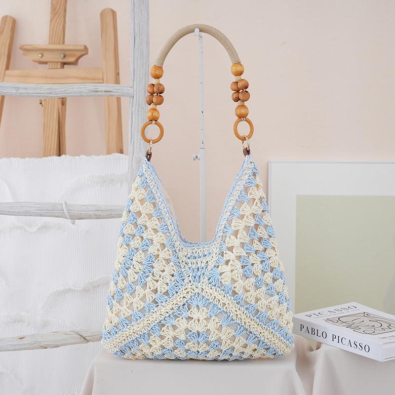 Woven Straw Shoulder Bag – Boho Beach Tote with Large Capacity
