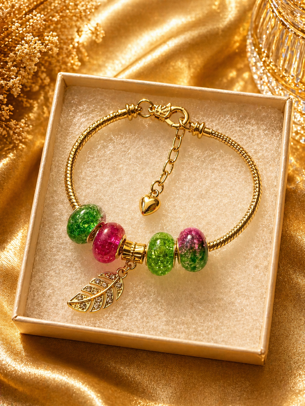 Gold Charm Bracelet – Snake Chain with Unique Designed Beads - Pink & Green