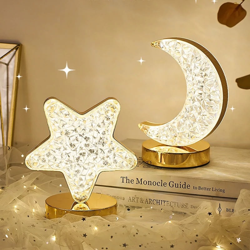 Crystal Star & Moon Night Light – Rechargeable Touch Lamp with Dimmable LED