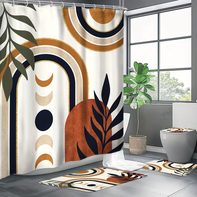 Geometric Shower Curtain Set – 4-Piece Bathroom Decor with Mats