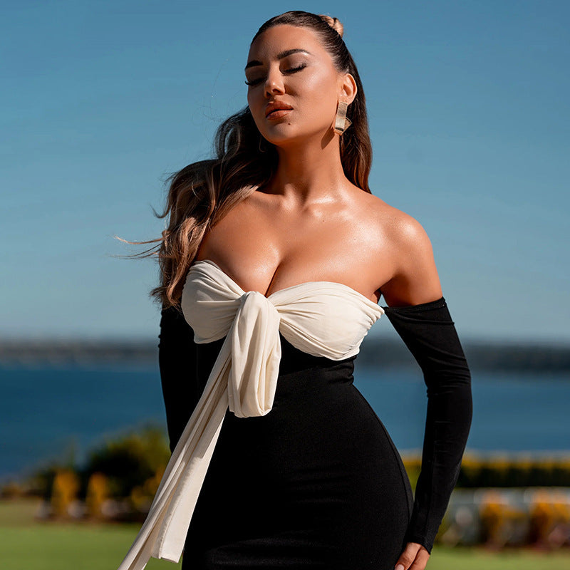 Color Block Off-Shoulder Bodycon Maxi Dress
