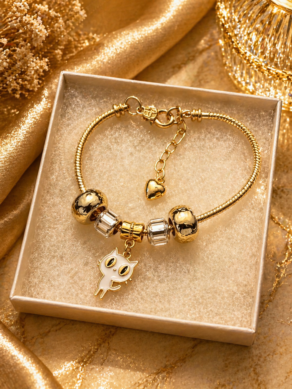 Gold Charm Bracelet – Snake Chain with Unique Designed Beads - White & Black