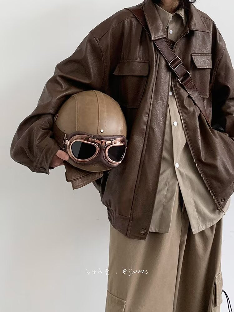 Retro PU Leather Jacket – Japanese-Inspired Vintage Unisex Outerwear