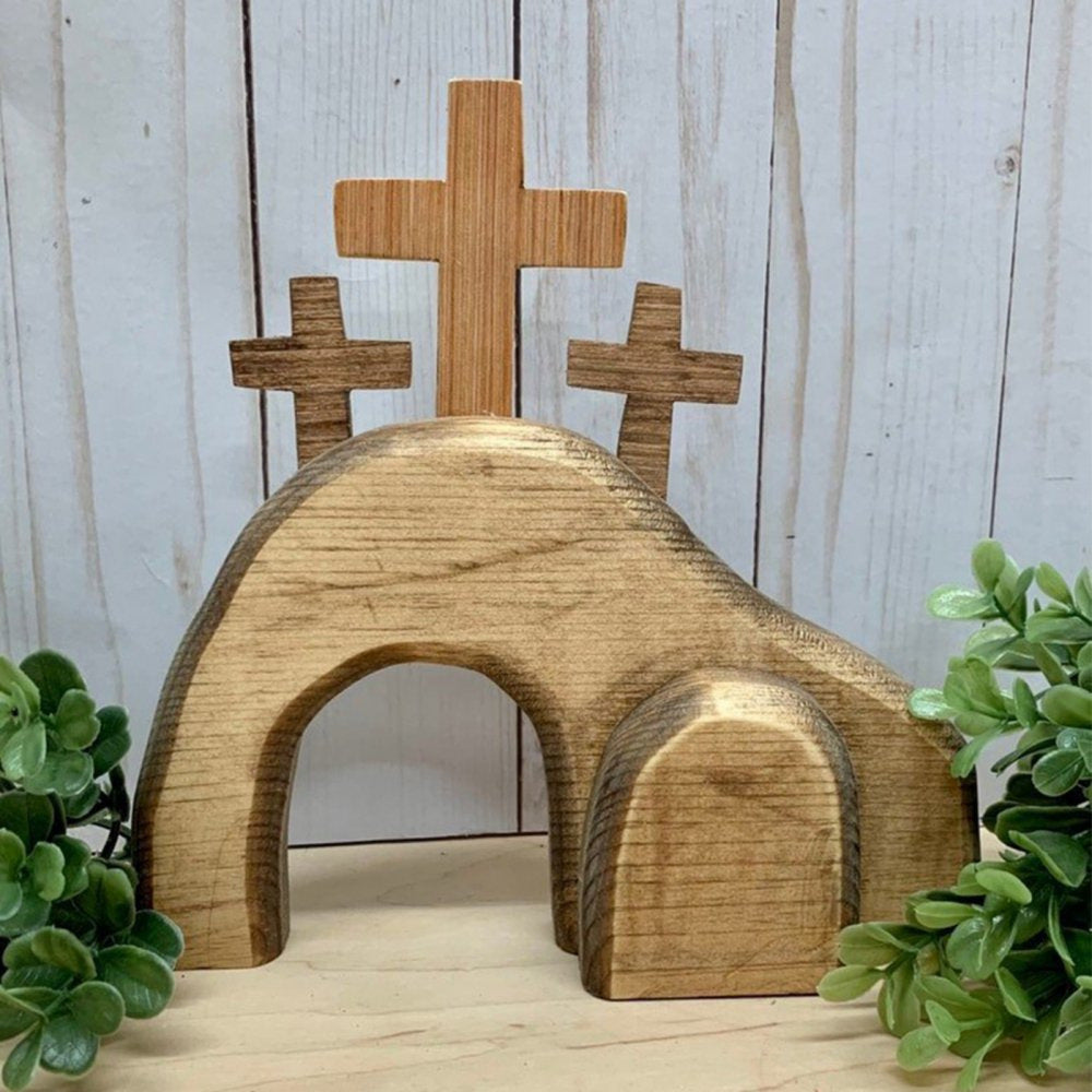 Easter Religious Wooden Decor Set – Pine Wood Cross, Church & Angel Tray Display