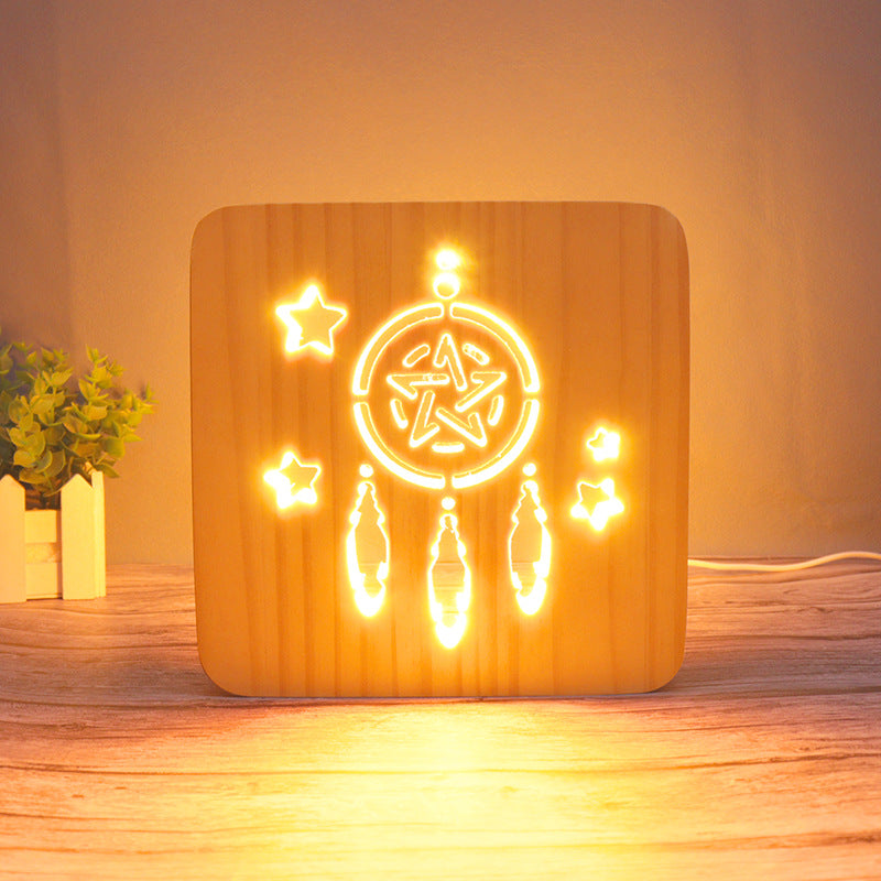 3D Wooden Projection Night Light – LED Carved Ambient Table Lamp