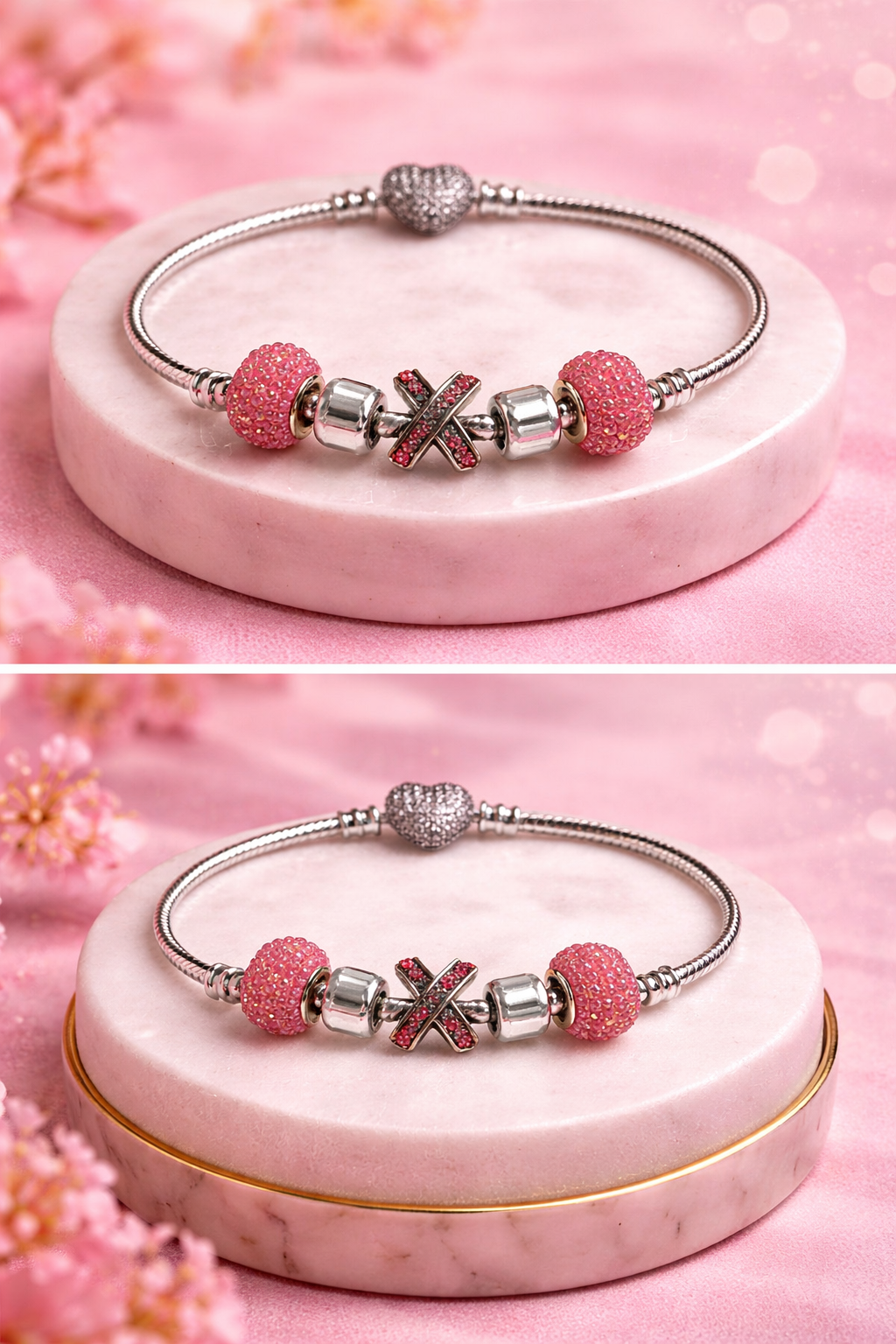 925 Sterling Silver Charm Bracelet – Snake Chain with Beads - Pink