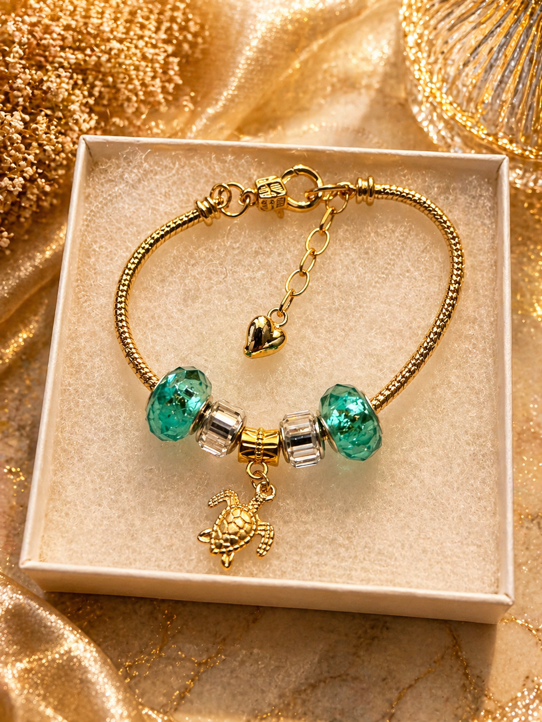 Gold Charm Bracelet – Snake Chain with Unique Designed Beads - Teal