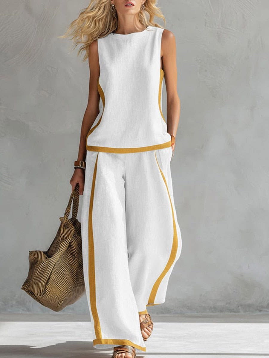 Women’s Sleeveless Two-Piece Set – Color Block Wide-Leg Outfit