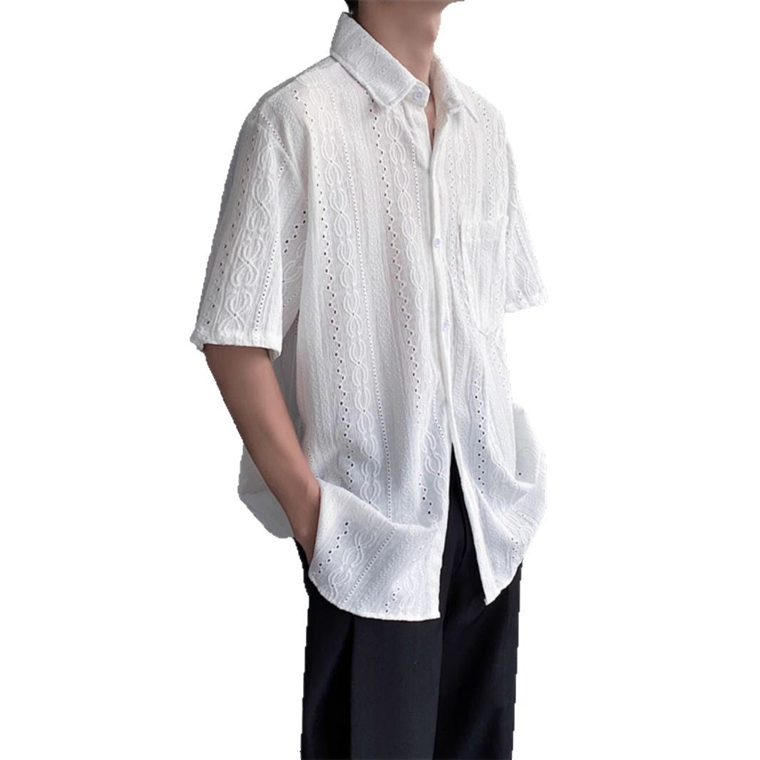 Men's Retro Jacquard Summer Shirt – Lightweight Short Sleeve Cardigan Style Shirt