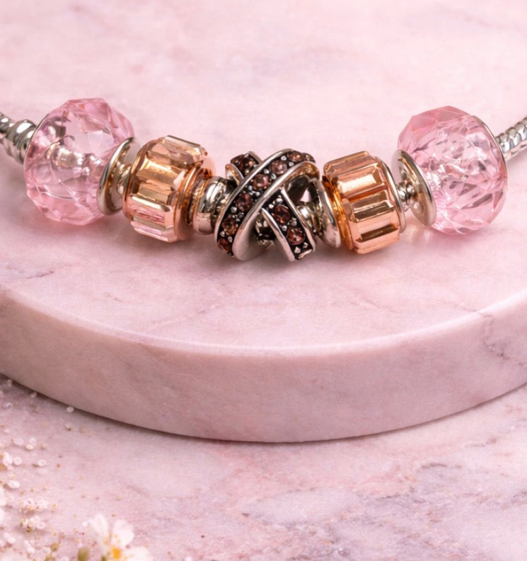 925 Sterling Silver Charm Bracelet – Snake Chain with Beads - Pink