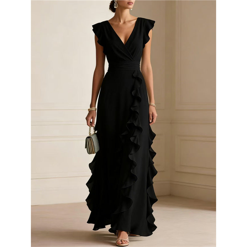 Women’s Sleeveless Maxi Dress – V-Neck High Waist Pleated Dress