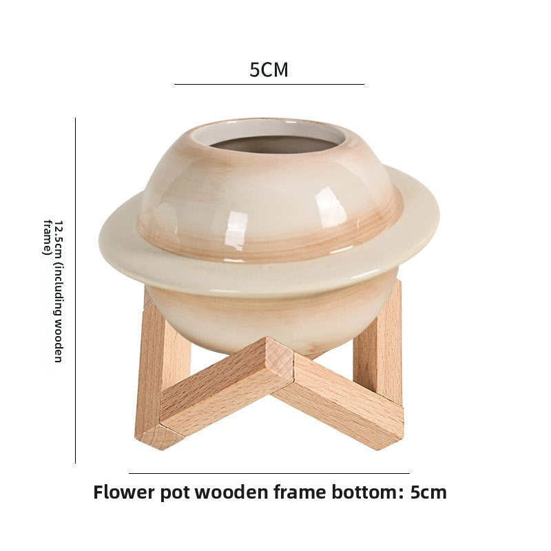 Nordic Planet Ceramic Flower Pot – Creative Self-Watering Planter with Wooden Stand