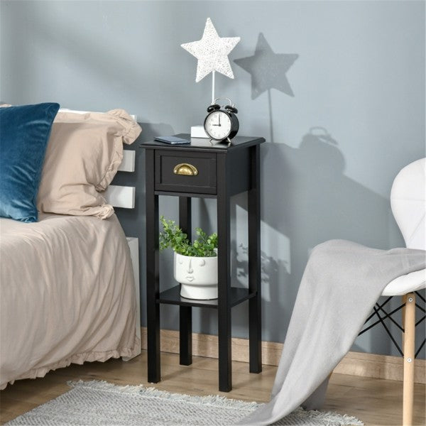 Black Slim Side Table – Compact Nightstand with Drawer & Open Shelf