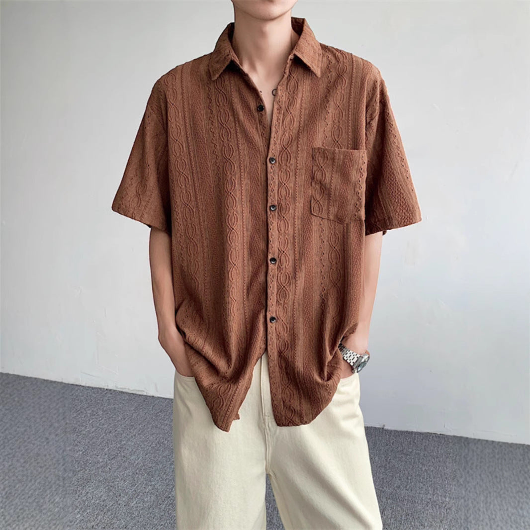 Men's Retro Jacquard Summer Shirt – Lightweight Short Sleeve Cardigan Style Shirt