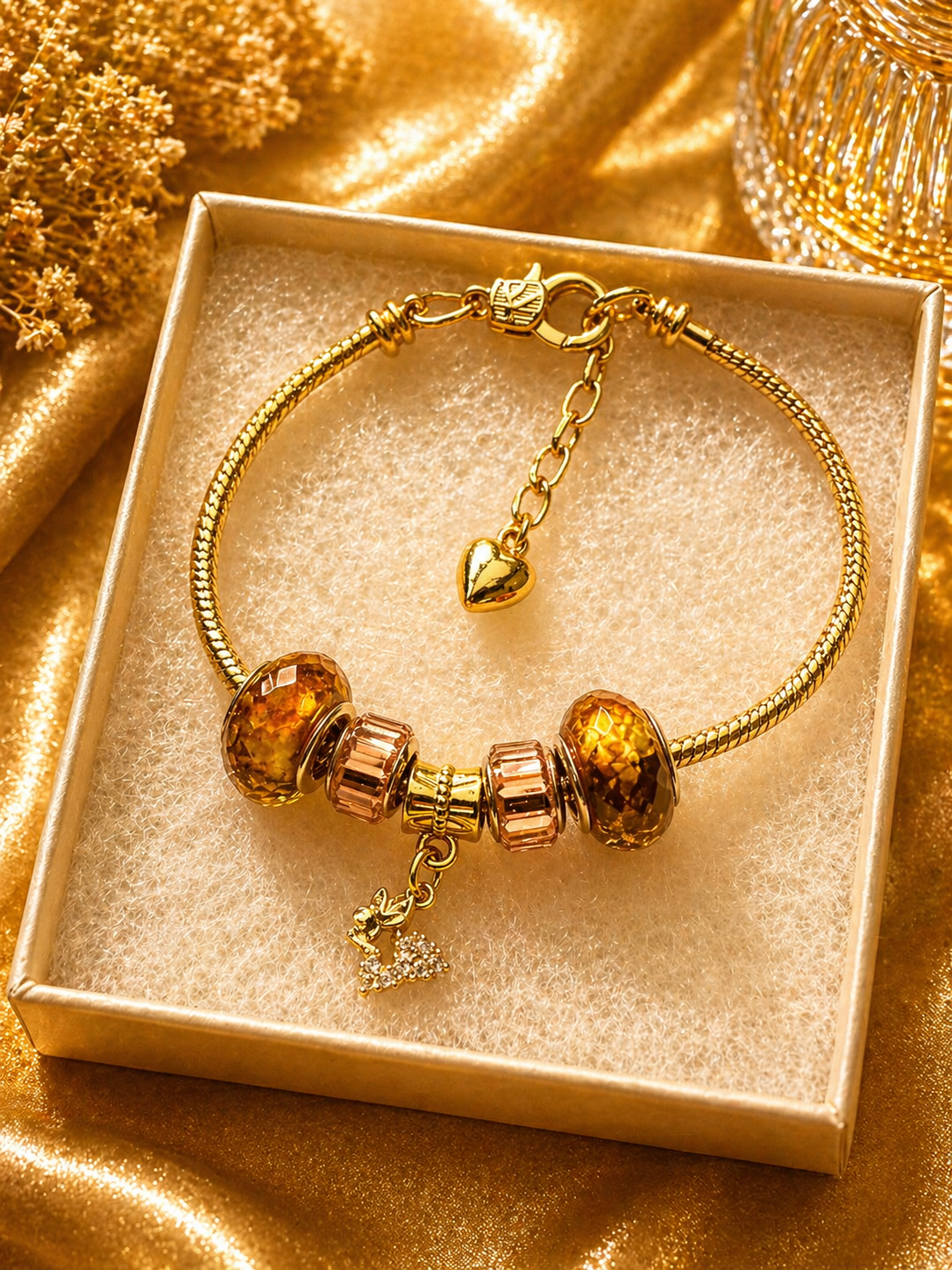 Gold Charm Bracelet – Snake Chain with Unique Designed Beads - Bronze