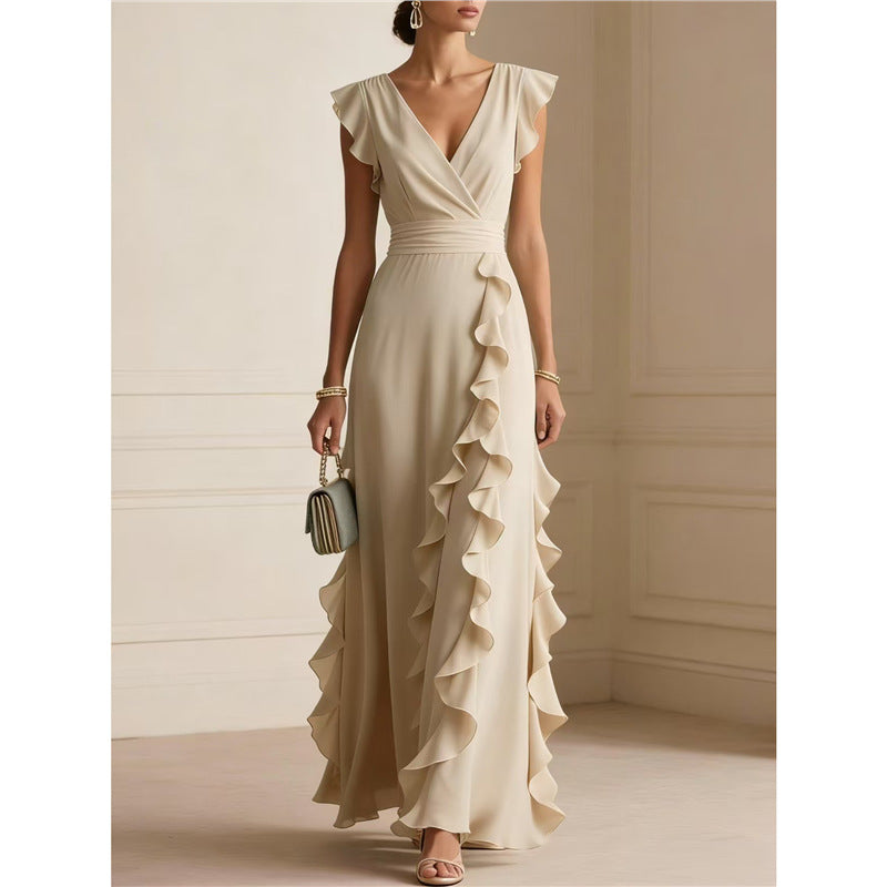 Women’s Sleeveless Maxi Dress – V-Neck High Waist Pleated Dress