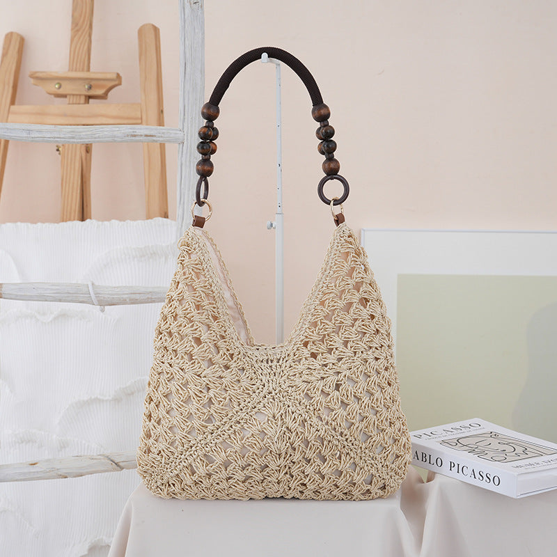 Woven Straw Shoulder Bag – Boho Beach Tote with Large Capacity