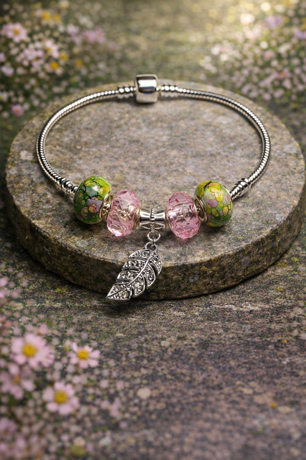 925 Sterling Silver Charm Bracelet – Snake Chain with Beads - Green and Pink