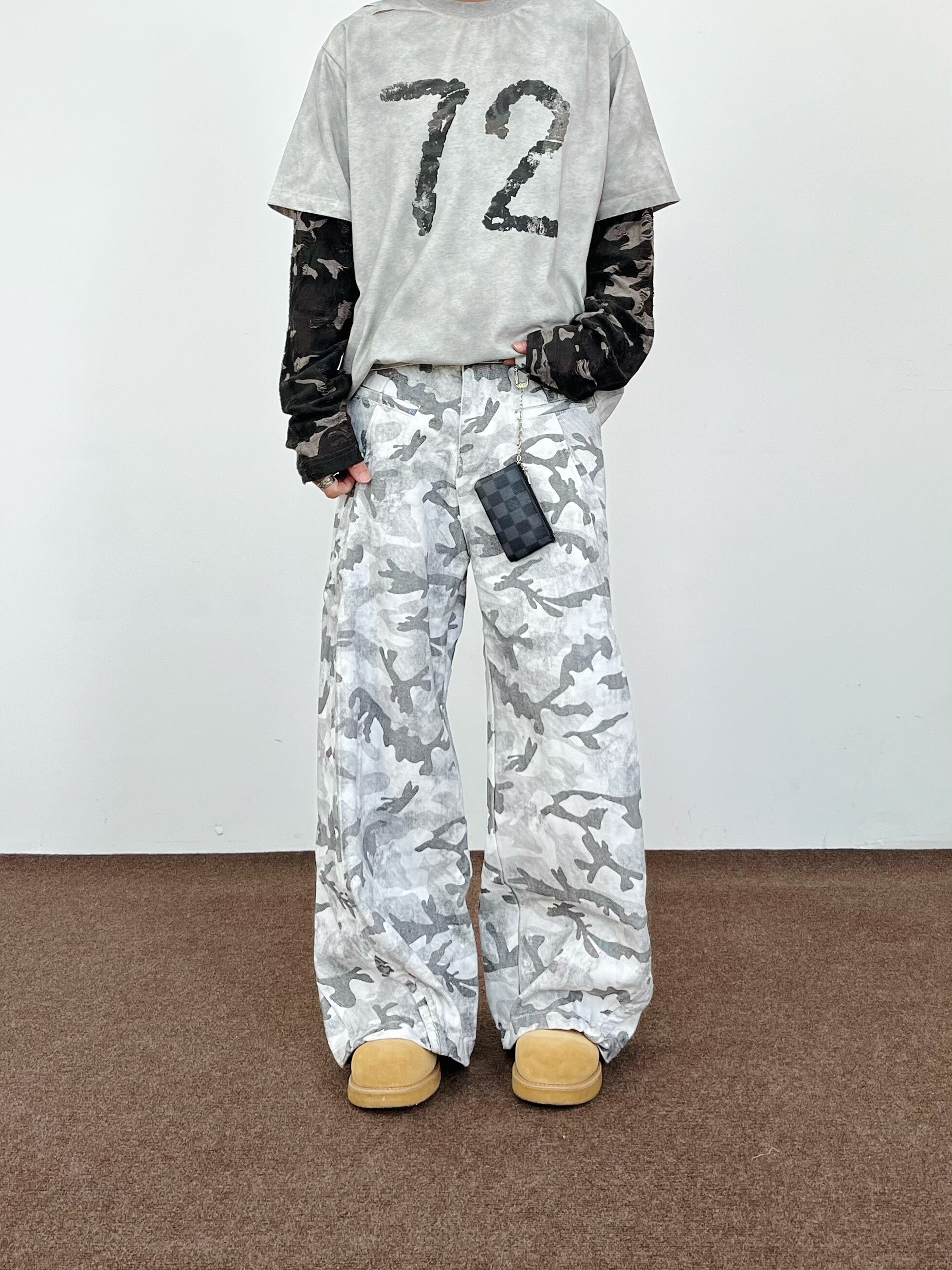 Gray Camouflage Cargo Pants – Loose Straight-Leg Cotton Trousers