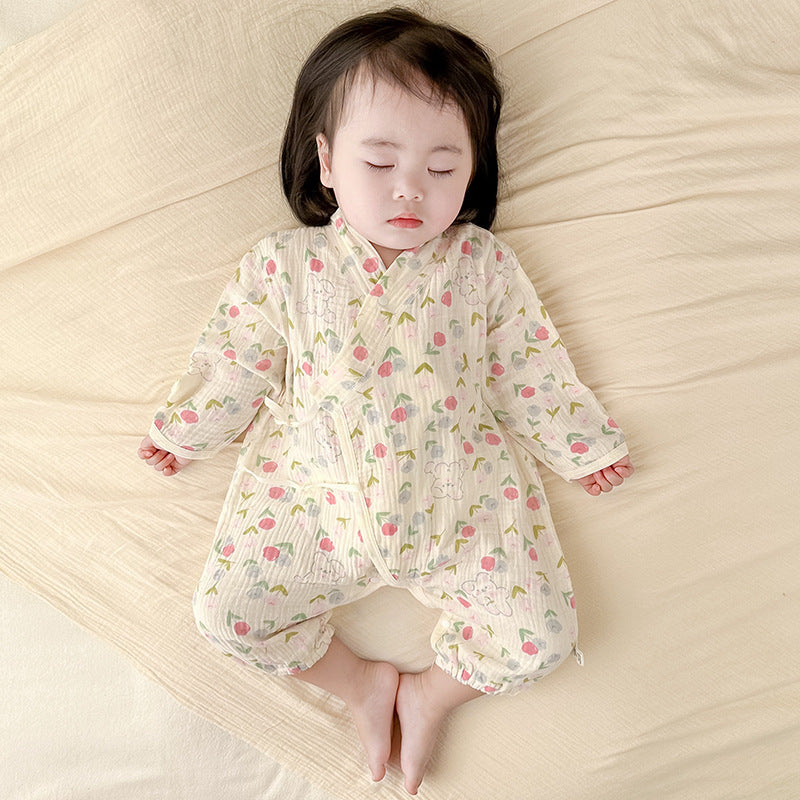 100% Cotton Baby Romper – Long Sleeve Gauze Slanted Tie Jumpsuit (Four-Season Wear)