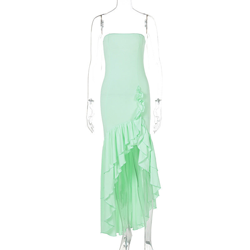 Women’s Off-Shoulder Maxi Dress – Asymmetrical High Waist Lotus Hem Dress
