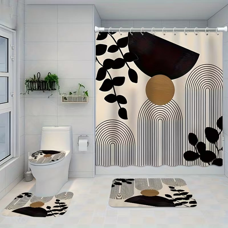 Geometric Shower Curtain Set – 4-Piece Bathroom Decor with Mats