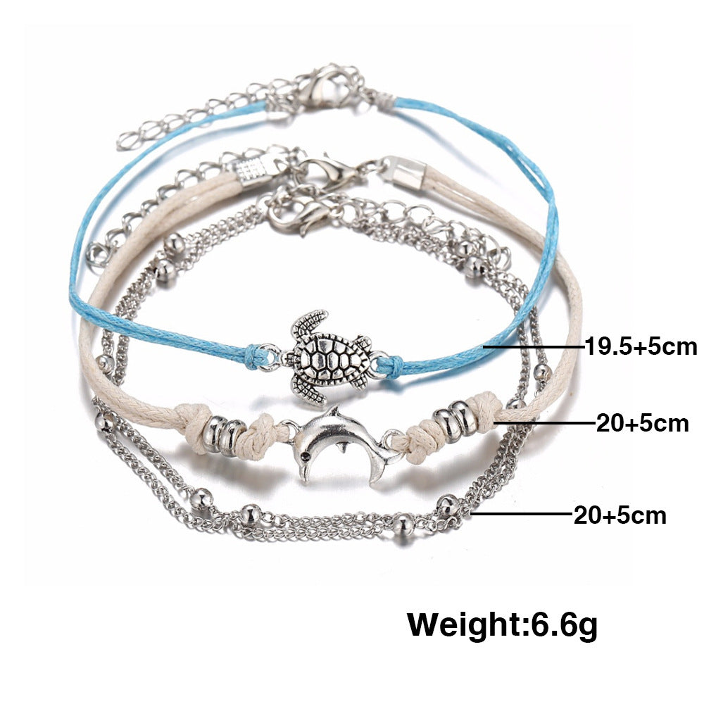 Bohemian Multi-Layer Turtle & Dolphin Anklet Set – Retro Beach Jewelry
