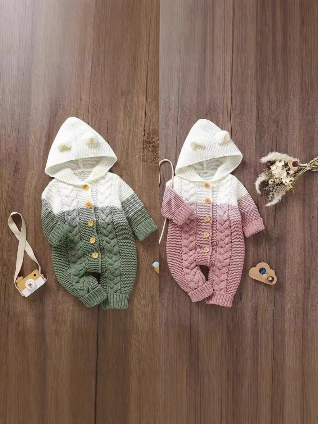 Knitted Baby Hooded Jumpsuit – Warm Acrylic One-Piece Romper