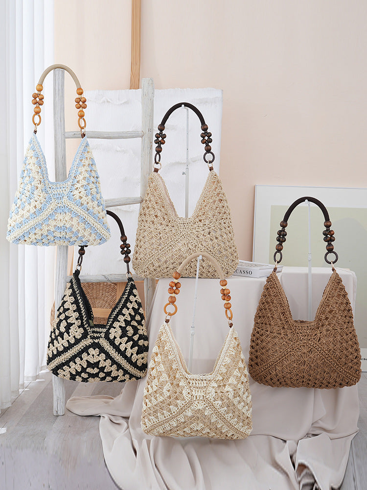 Woven Straw Shoulder Bag – Boho Beach Tote with Large Capacity
