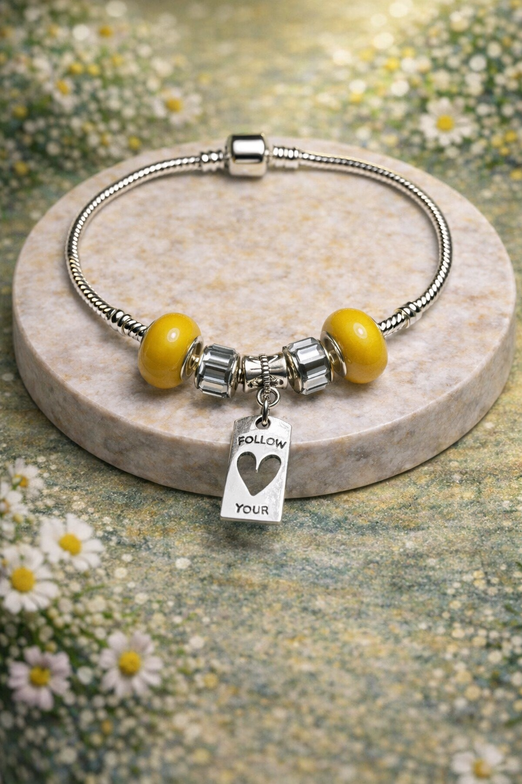 925 Sterling Silver Charm Bracelet – Snake Chain with Beads - Yellow