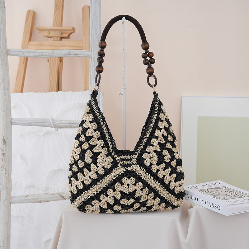 Woven Straw Shoulder Bag – Boho Beach Tote with Large Capacity
