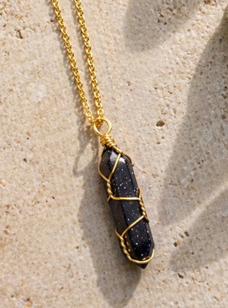 Blue Goldstone Wire-Wrapped Necklace – Sparkle Confidence & Ambition Crystal