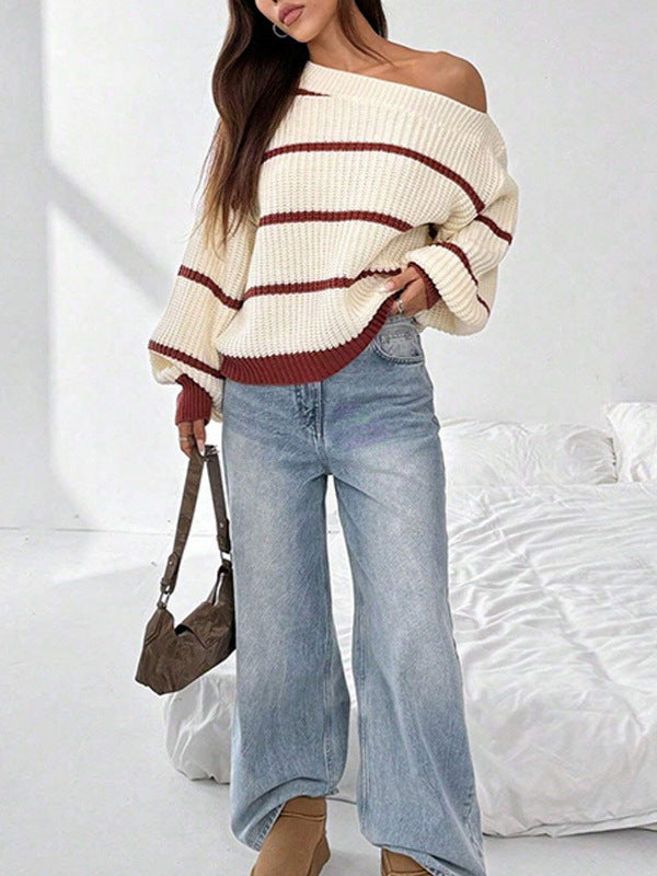 Off-Shoulder Striped Sweater – Lantern Sleeve Loose Knit Pullover