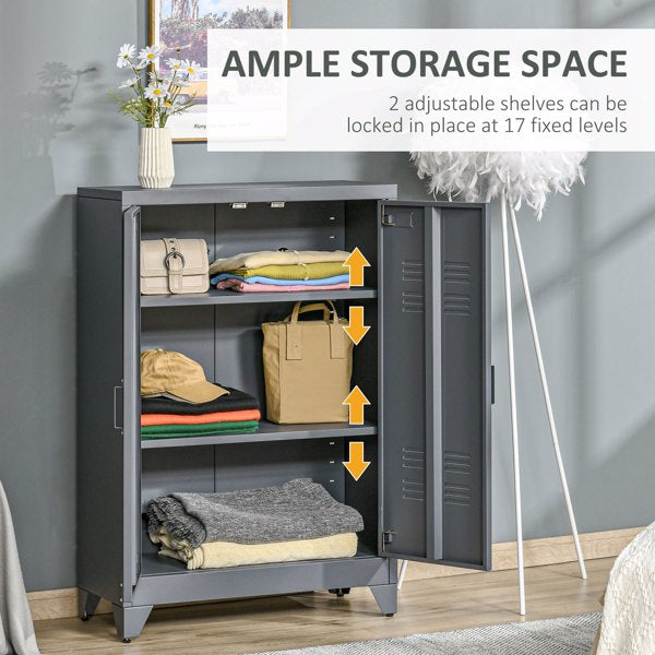 Grey Metal Locker Storage Cabinet – Adjustable Shelves & Anti-Tip Design
