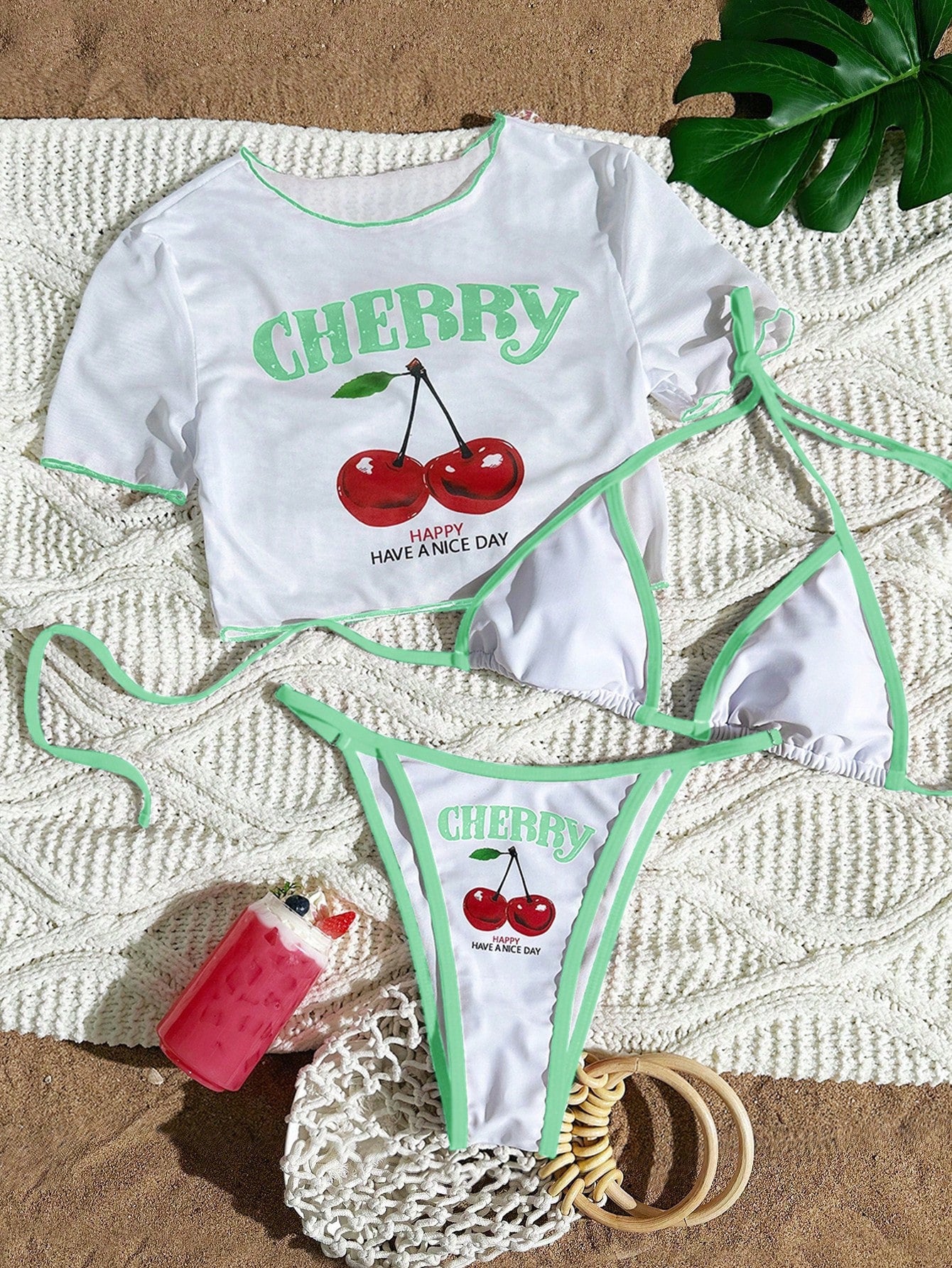 Women’s Three-Piece Bikini Set – Color Block Swimwear with Cover-Up