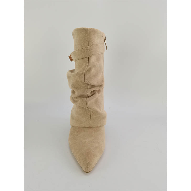 Pointed Toe Knee-High Boots – Thick Heel Pleated Side-Zip Fashion Boots