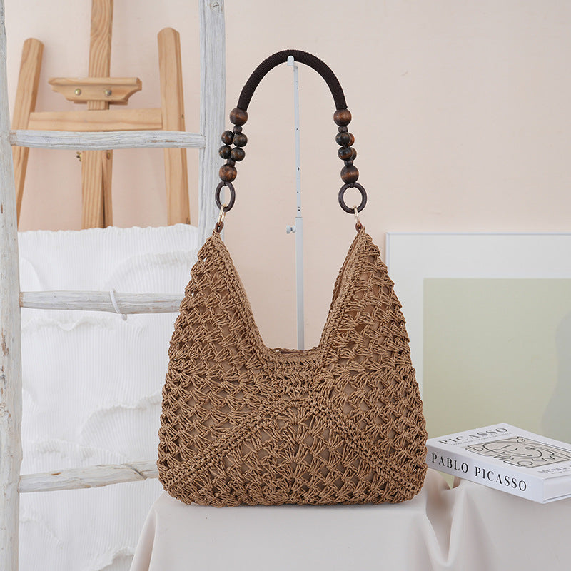 Woven Straw Shoulder Bag – Boho Beach Tote with Large Capacity