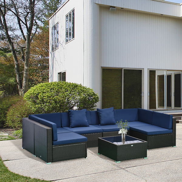 6-Piece Outdoor Sectional Sofa Set – Dark Brown Rattan with Dark Blue Cushions