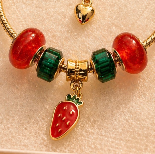 Gold Charm Bracelet – Snake Chain with Unique Designed Beads- Red