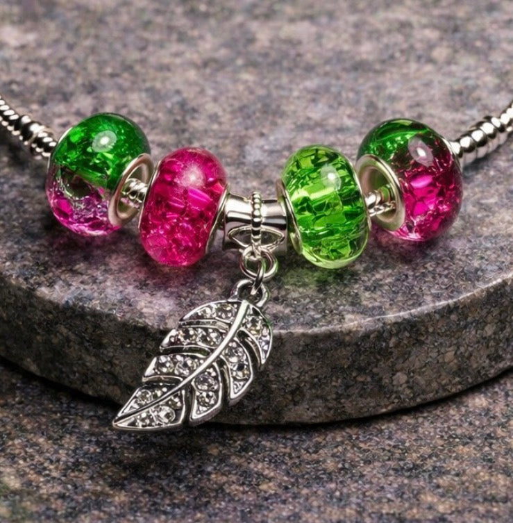 925 Sterling Silver Charm Bracelet – Snake Chain with Beads - Green and Pink
