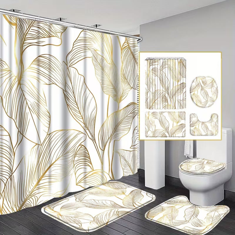 Geometric Shower Curtain Set – 4-Piece Bathroom Decor with Mats