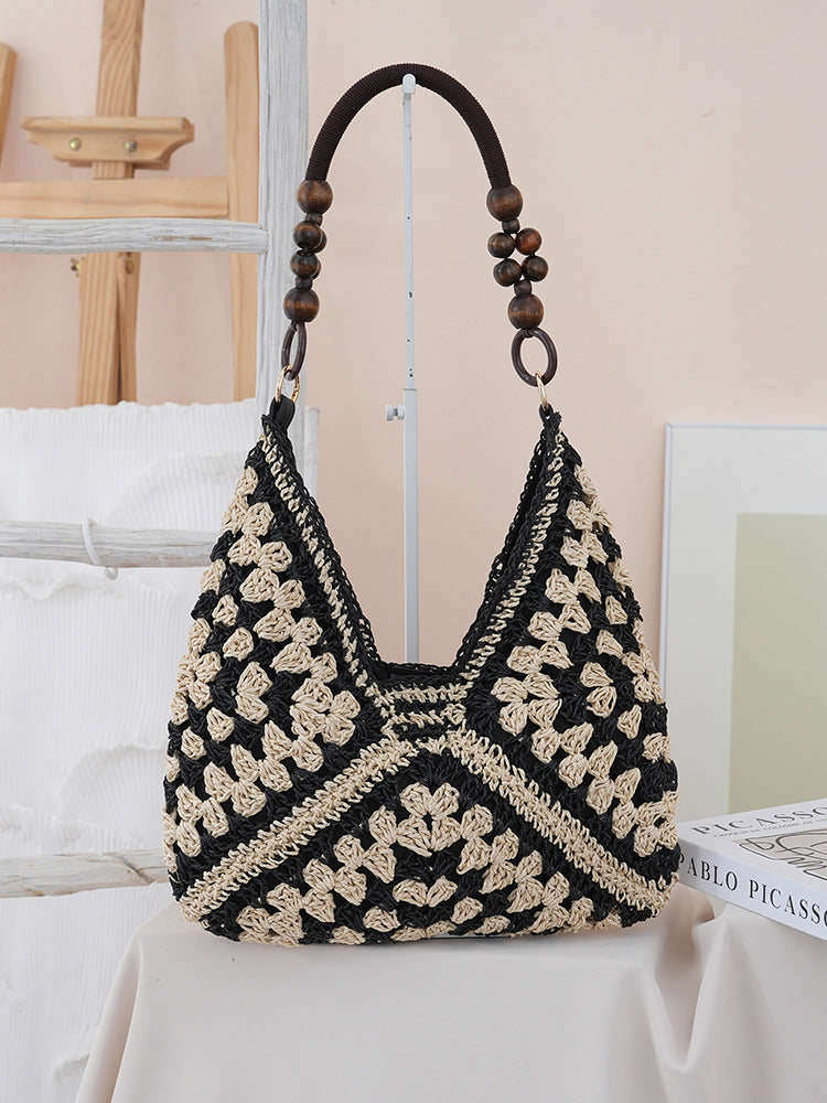Woven Straw Shoulder Bag – Boho Beach Tote with Large Capacity