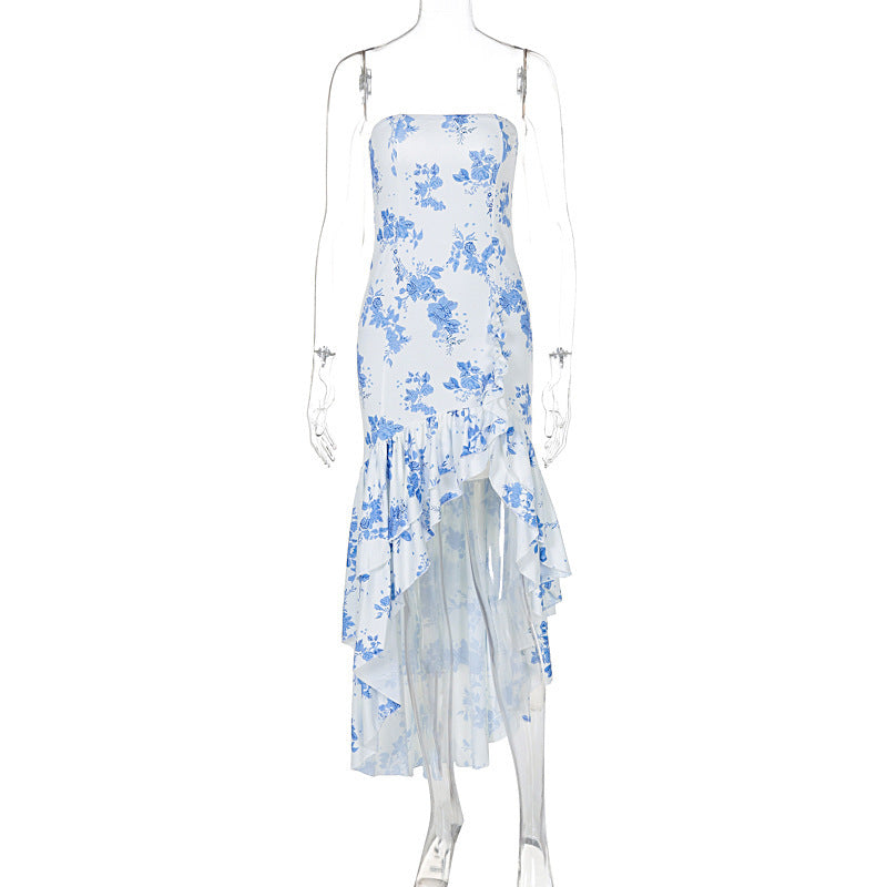 Women’s Off-Shoulder Maxi Dress – Asymmetrical High Waist Lotus Hem Dress