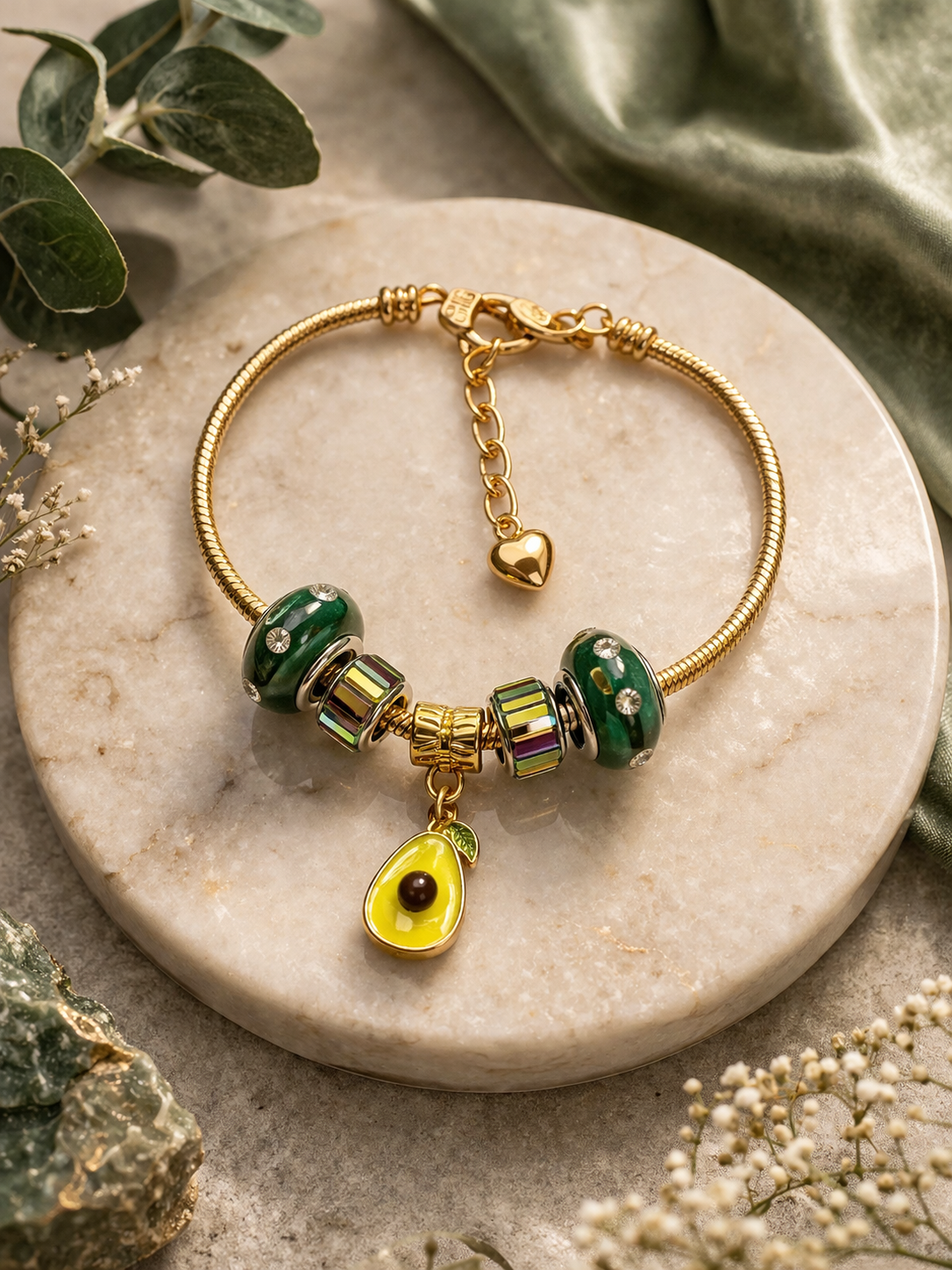 Gold Charm Bracelet – Snake Chain with Unique Designed Beads