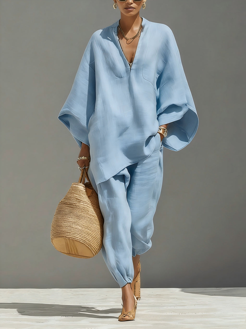 Women’s Batwing Sleeve Lounge Set – Loose Fit V-Neck Two-Piece Outfit