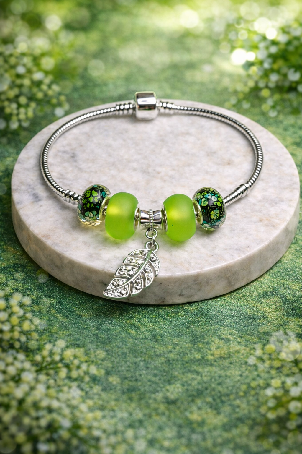 925 Sterling Silver Charm Bracelet – Snake Chain with Beads - Green