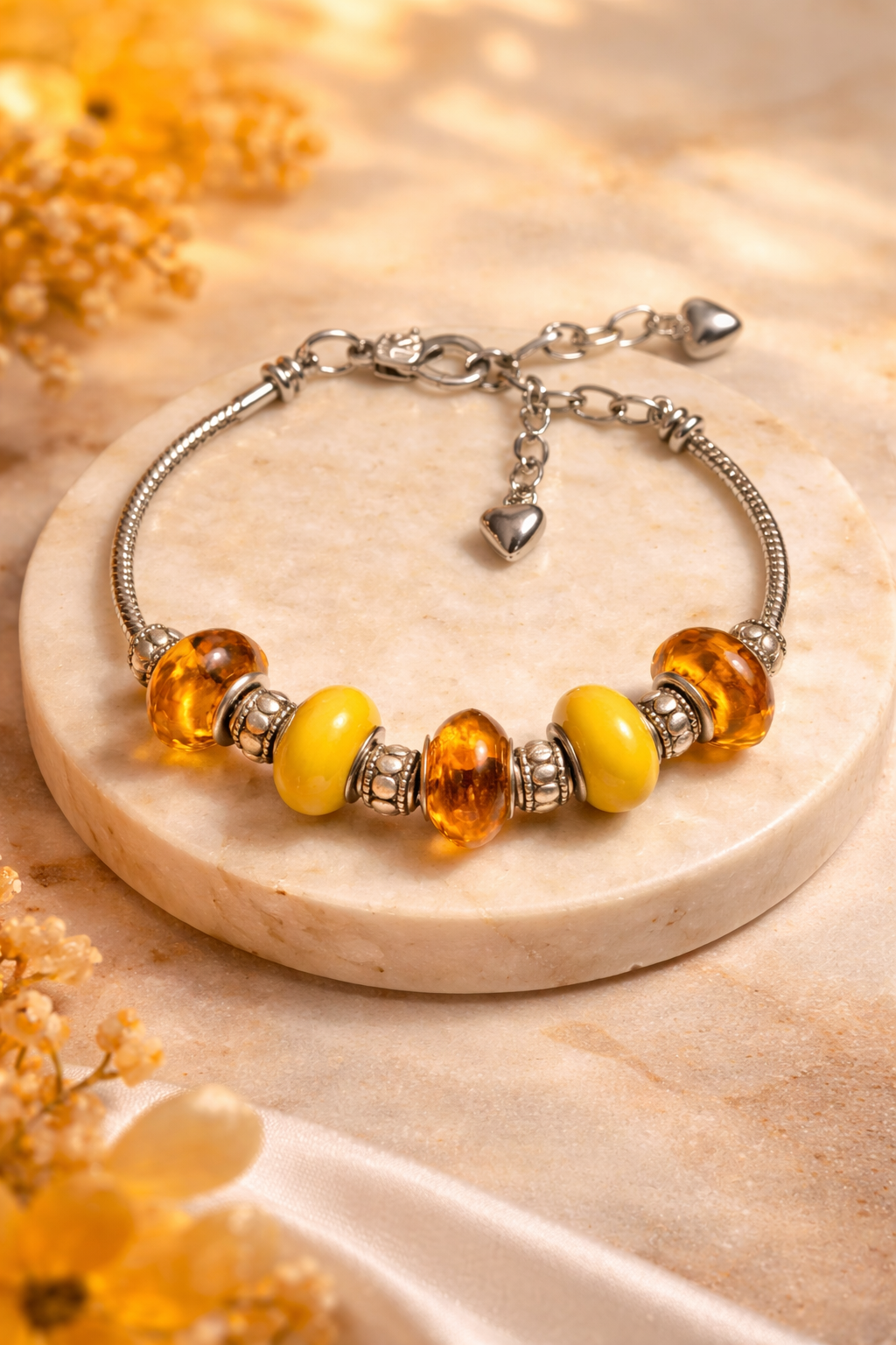 925 Sterling Silver Charm Bracelet – Snake Chain with Beads - Yellow and Brown