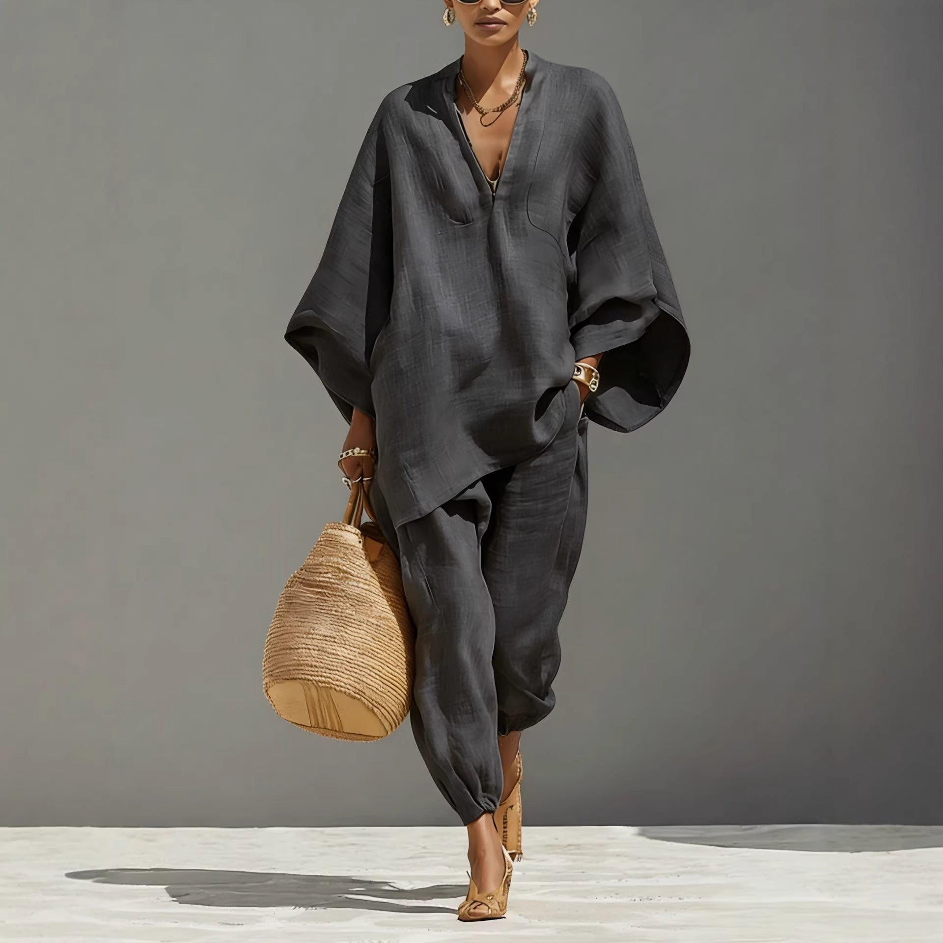 Women’s Batwing Sleeve Lounge Set – Loose Fit V-Neck Two-Piece Outfit